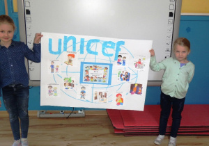 Dzieci prezentują skończony plakat o prawach dziecka
